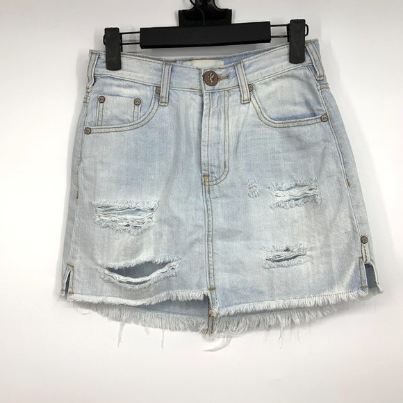 One Teaspoon Denim Skirt Blue 2020 High Waist Mini Distressed Fray Hem - Picture 2 of 13